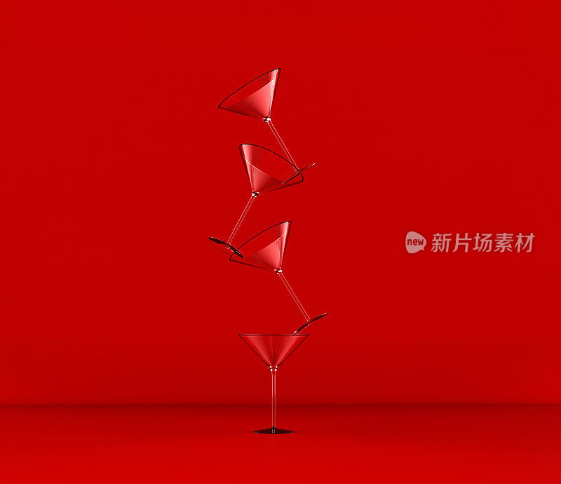 一组鸡尾酒杯孤立在红色背景上。3 d演示。